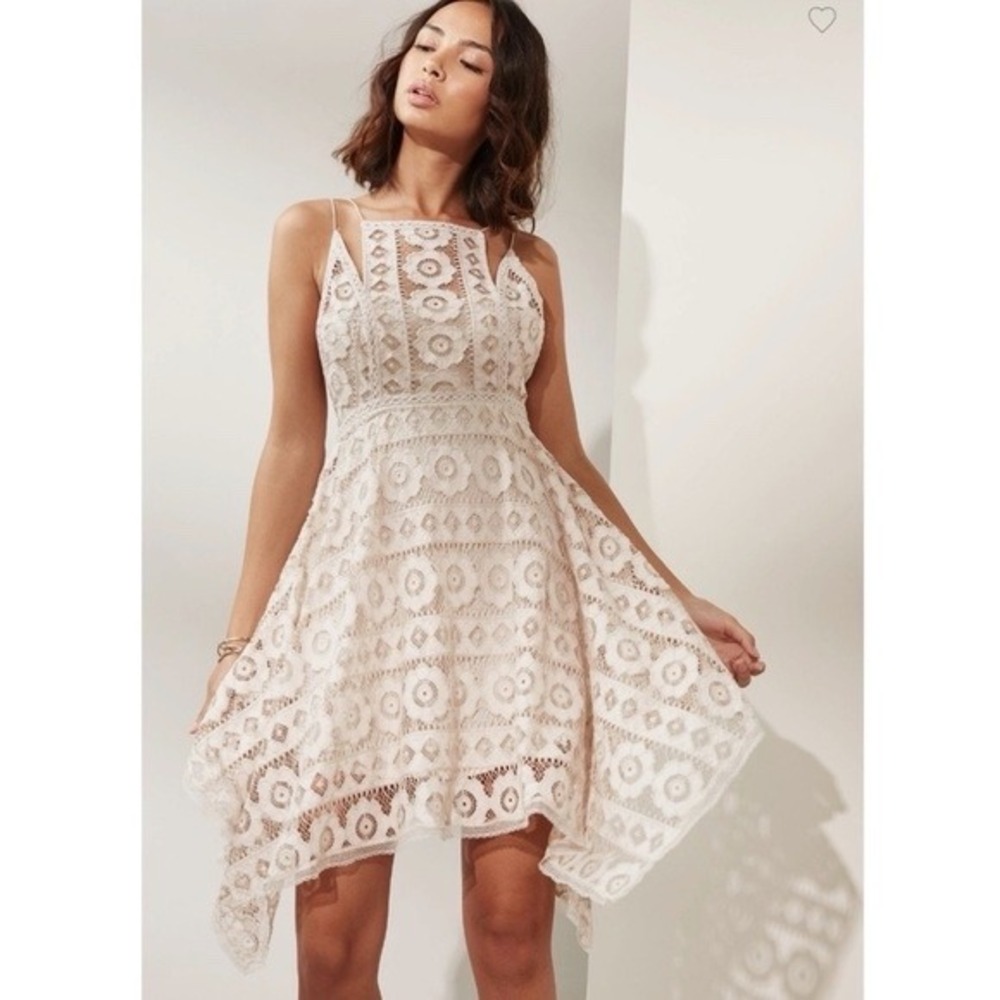 Free People Just Like Honey Floral Lace Beige Asymmetrical Handkerchief Boho 6‎